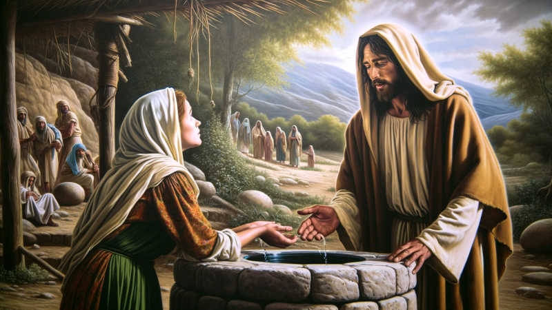 AI image of Jesus speaking with the woman at the well by Karen .t from Pixabay.