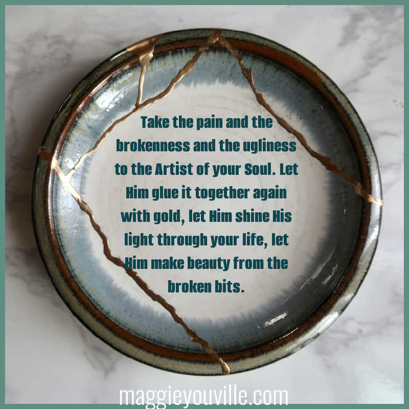 "Take the pain and the brokenness and the ugliness to the Artist of your Soul. Let Him glue it together again with gold, let Him shine His light through your life, let Him make beauty from the broken bits." Photo of grey kintsukuroi bowl by Riho Kitagawa via Unplash. 